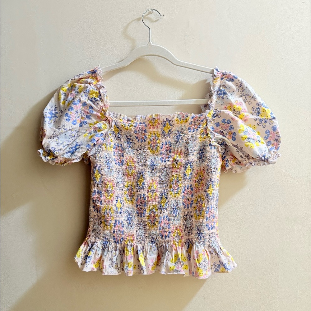 Purple and Yellow Smocked Ruffle Blouse